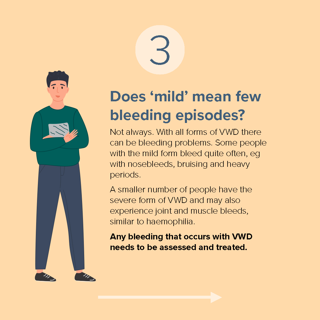 Does 'mild' mean few bleeding episodes? Not always. With all forms of VWD there can be bleeding problems. Some people with the mild form bleed quote often, eg with nosebleeds, bruising and heavy periods.