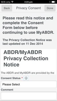 MyABDR privacy consent screen